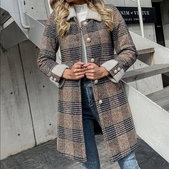 Tweed plaid trench peacoat houndstooth vintage tan - Picture 5 of 14